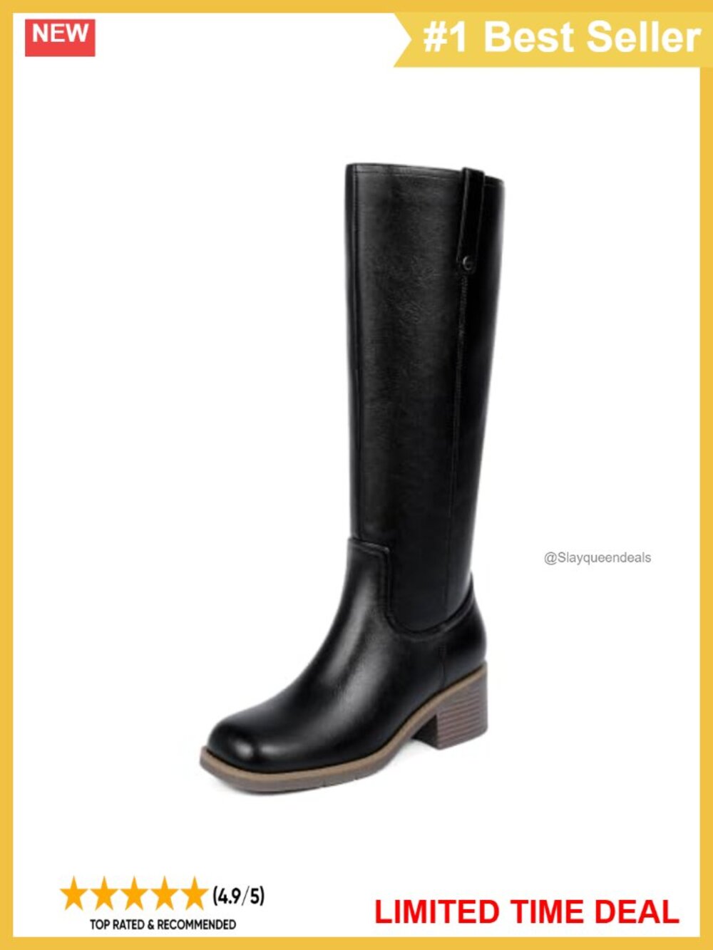 Knee High Chunky Heel Square Toe Metal Rivet Pull Tab Riding Boots